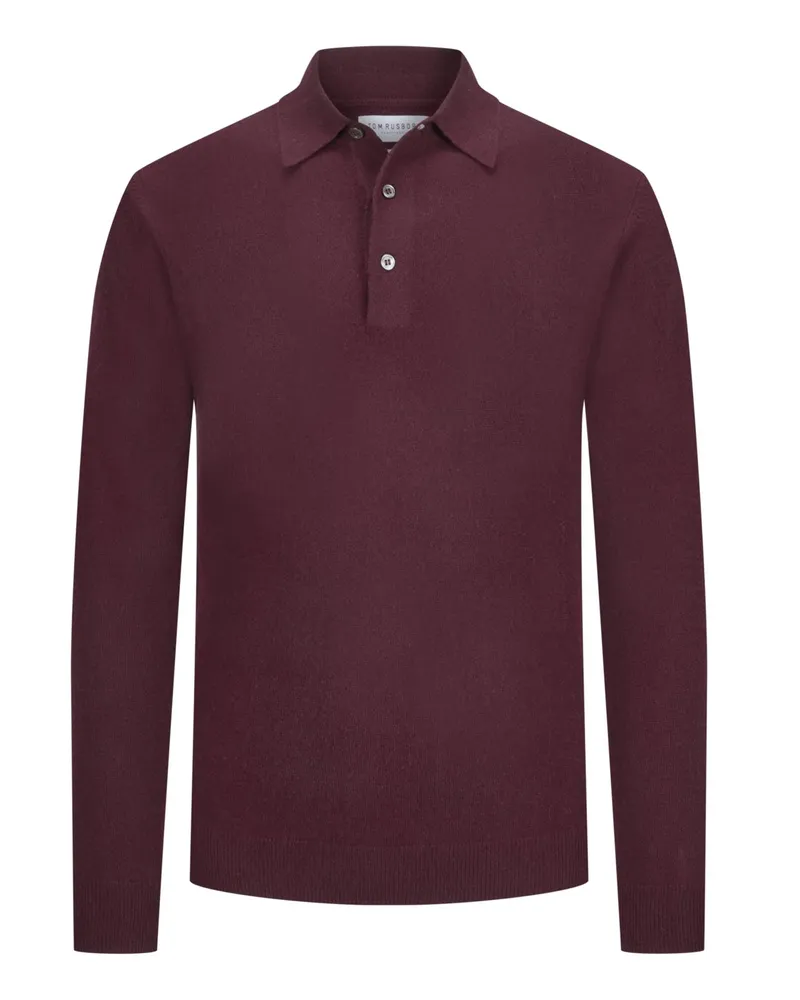 Tom Rusborg Glattstrick-Langarmpoloshirt aus Kaschmir in Bordeaux
