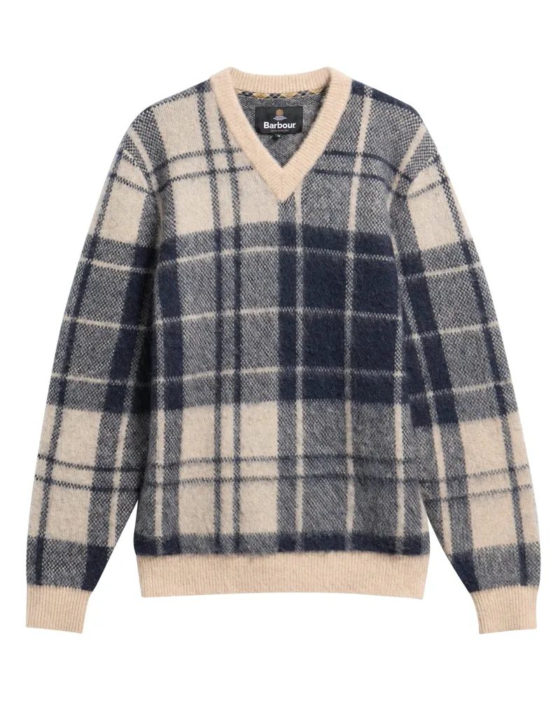 Barbour Flauschiger Pullover Hunham mit Ausschnitt und Tartan-Muster in Graublau