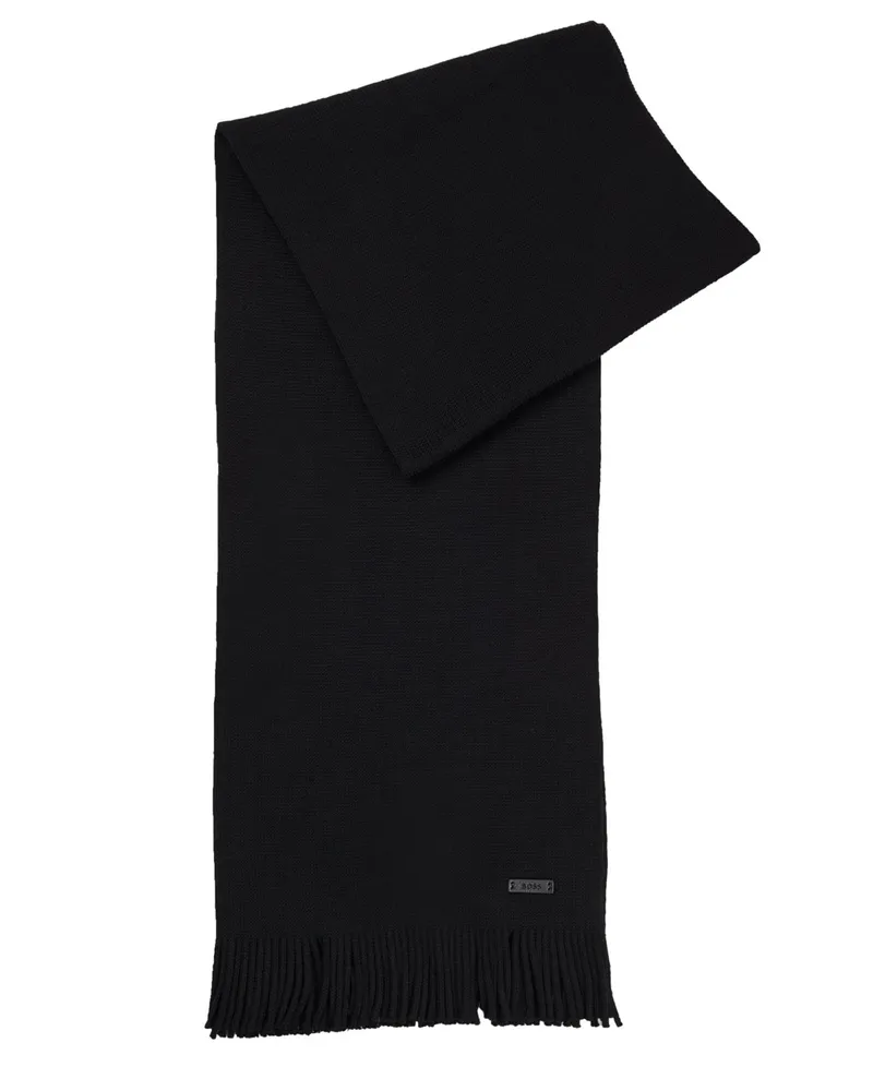 HUGO BOSS Unifarbener Schal aus Schurwolle mit Fransen in Schwarz