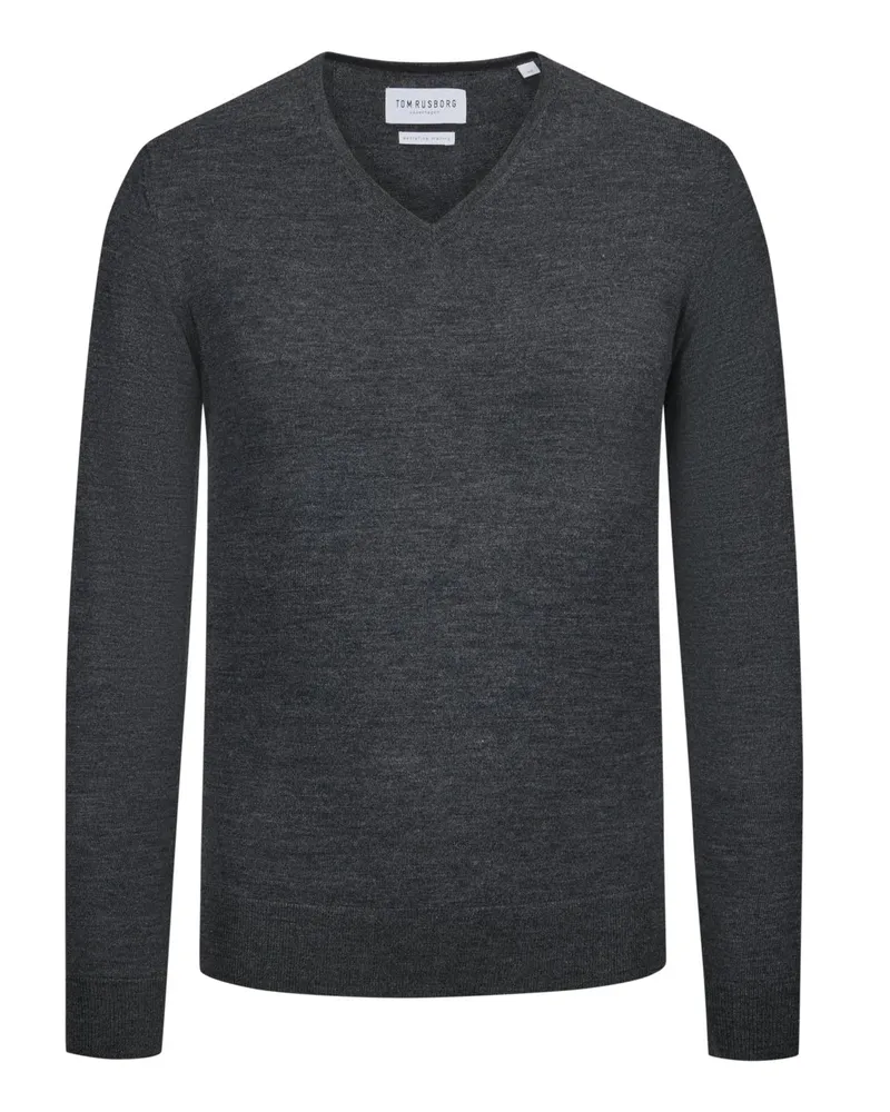 Tom Rusborg Leichter Pullover mit V-Ausschnitt aus maschinenwaschbarer Merinowolle in Anthrazit