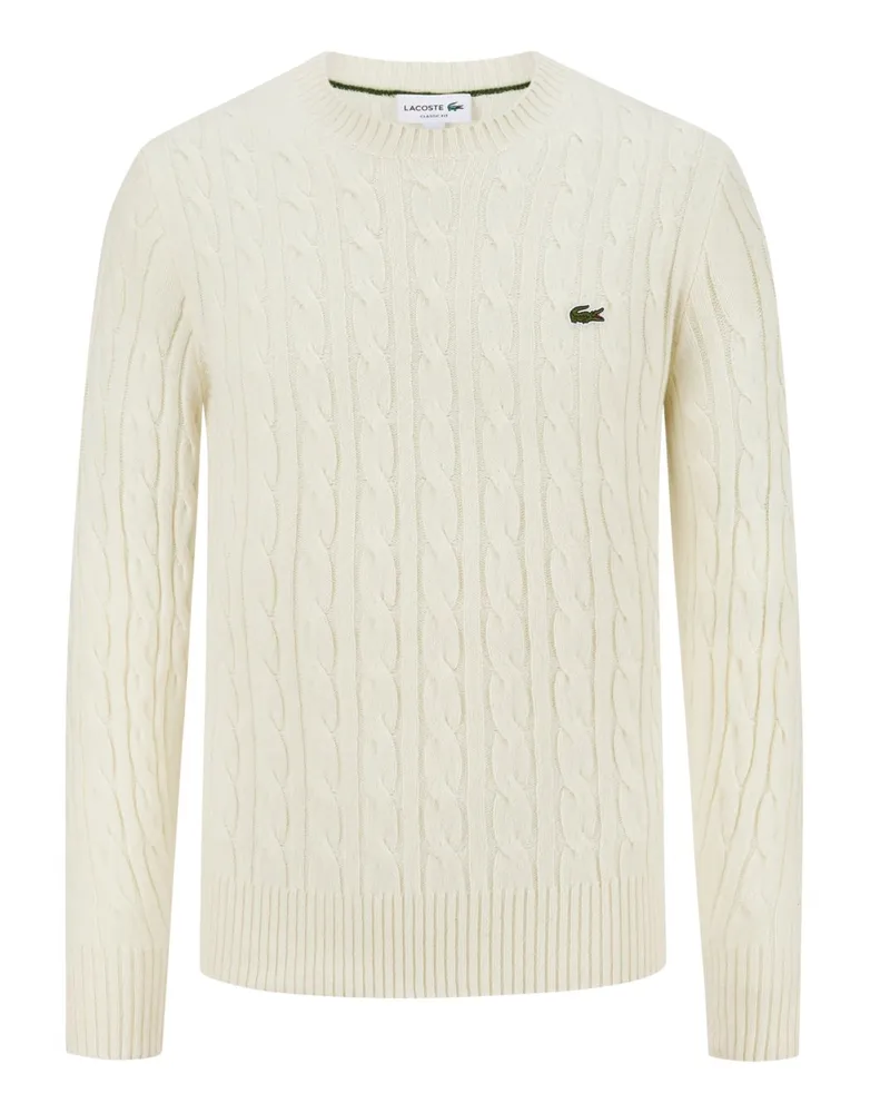 Lacoste Pullover aus Wolle mit Zopfstrickmuster, Classic Fit in Offwhite