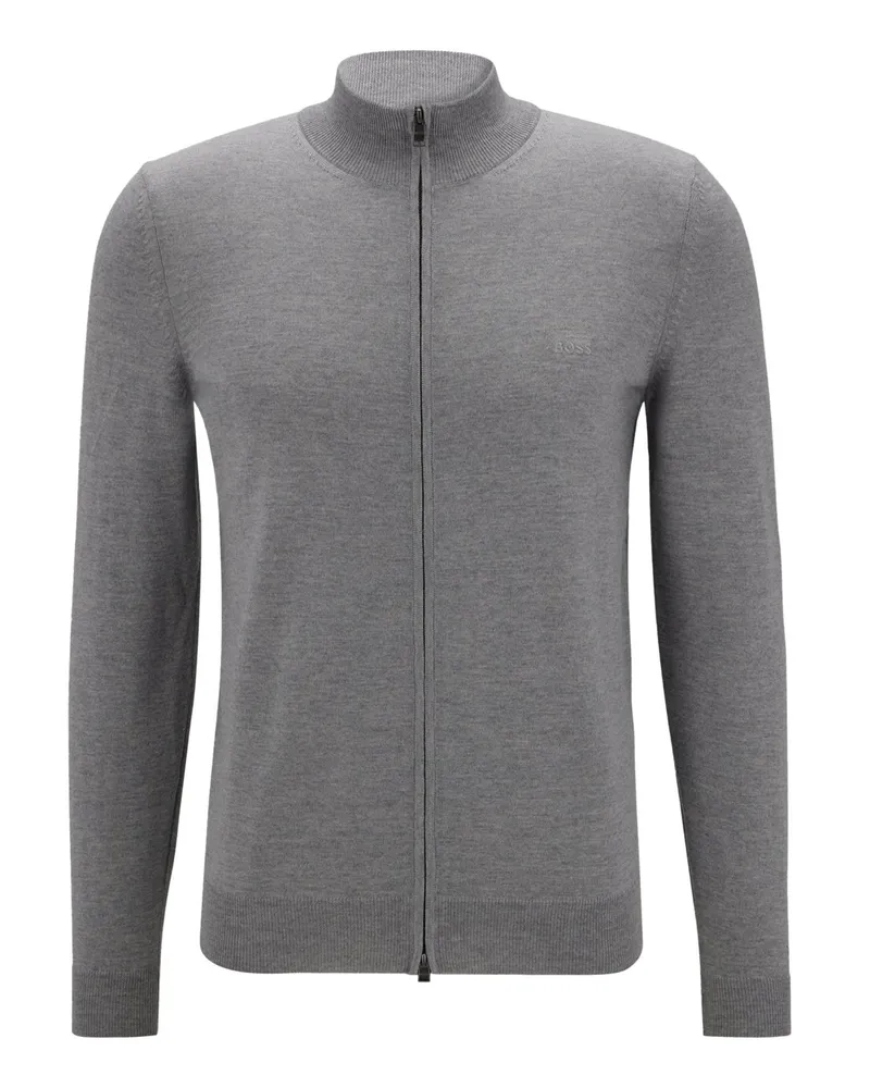 HUGO BOSS Strickjacke aus Schurwolle mit Label-Stickerei in Grau