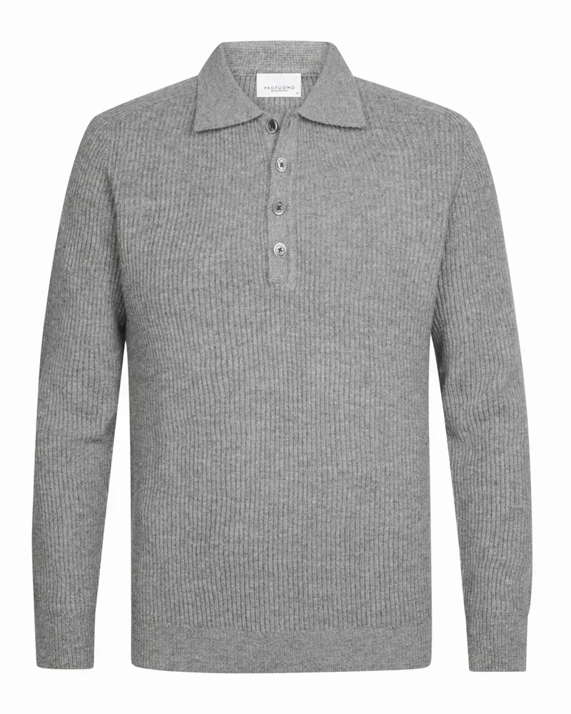 Profuomo Grobstrick Langarm Poloshirt mit Rippstruktur und Perlmuttknöpfen in Hellgrau