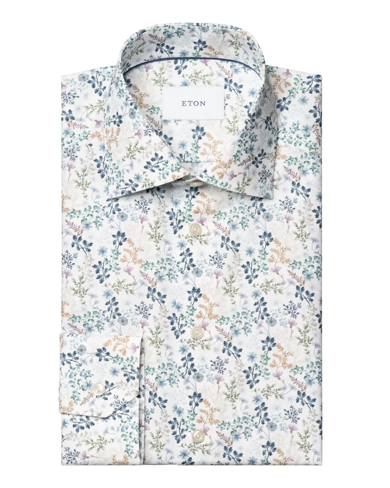 Eton Glattes Twill-Hemd mit floralem Muster und Kentkragen, Slim in Weiß