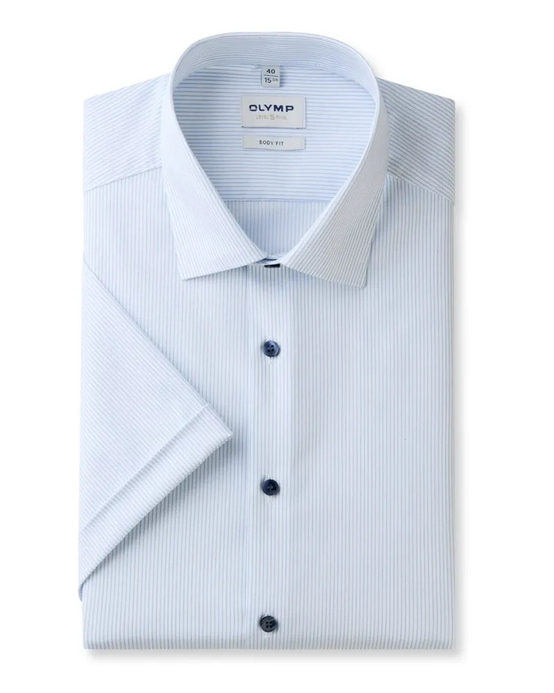 Olymp Level Five, Body Fit, Bügelleichtes Stretch-Kurzarmhemd mit Streifen in Hellblau