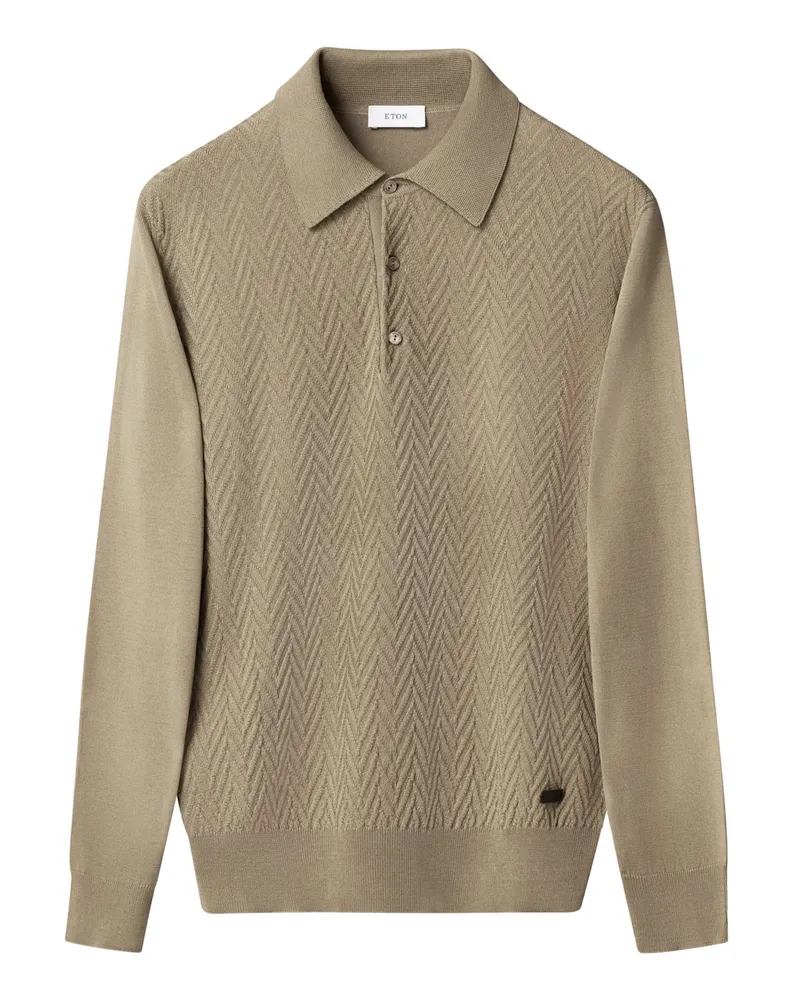 Eton Langarm-Strick-Poloshirt mit Chevron-Struktur, Contemporary Fit in Beige