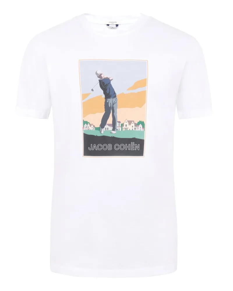 Jacob Cohën Softes T-Shirt mit Golf-Motiv auf der Brust in Weiß