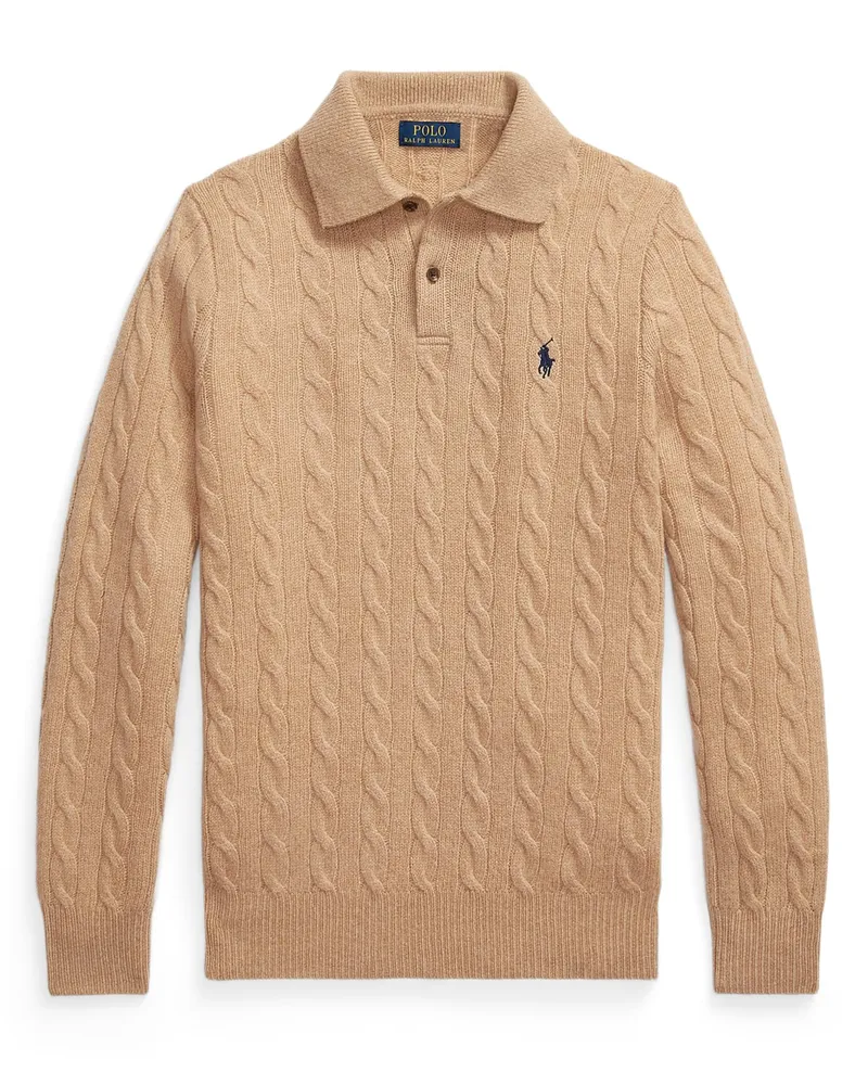 Ralph Lauren Langärmliges Strick-Poloshirt mit Zopfmuster und Kaschmiranteil in Beige