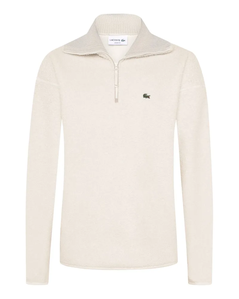 Lacoste Teddyfleece-Jacke mit Half-Zip und kleiner Krokodil-Stickerei in Offwhite