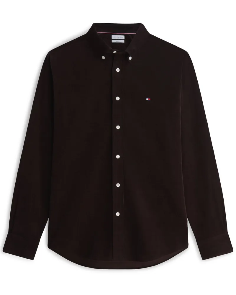 Tommy Hilfiger Unifarbenes Hemd aus Baumwollcord mit Logo-Flag, Regular Fit in Braun