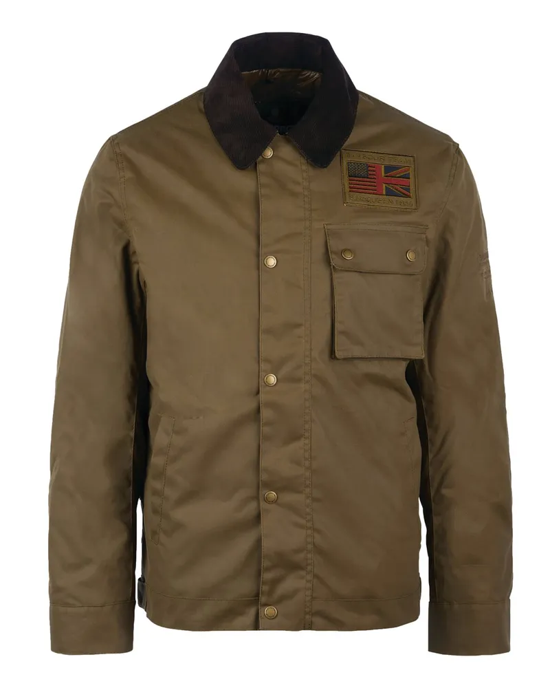 Barbour Wattierte Wachsjacke Workers mit Aufnähern und Cordkragen in Beige