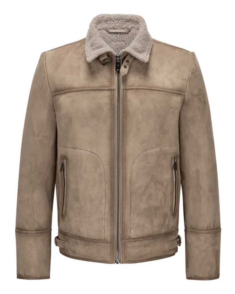 Milestone Mit Teddyfell gefütterte Biker-Velourslederjacke Camino in Beige