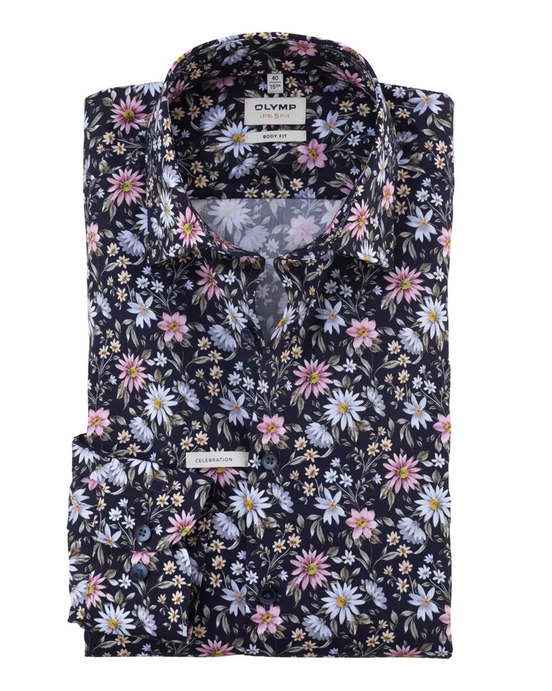 Olymp Level Five, Body Fit, Hemd mit floralem Muster und extralangem Arm in Marine