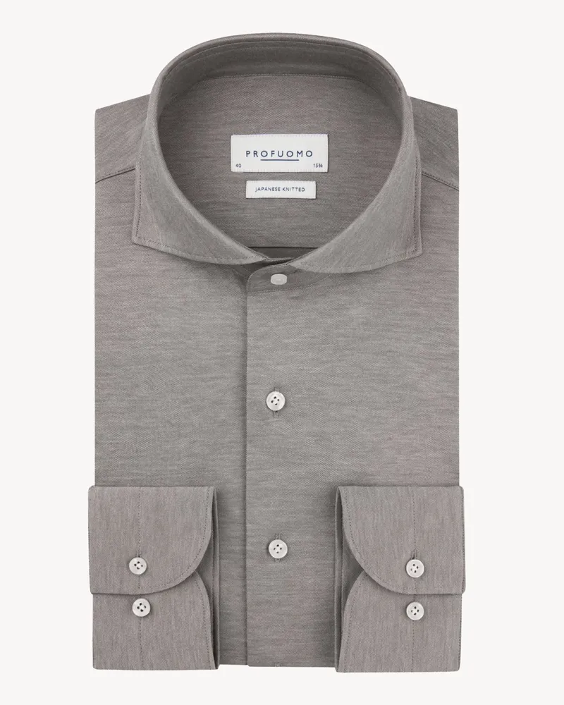 Profuomo Japanese Knitted Hemd mit Haifischkragen, Slim Fit in Hellbraun