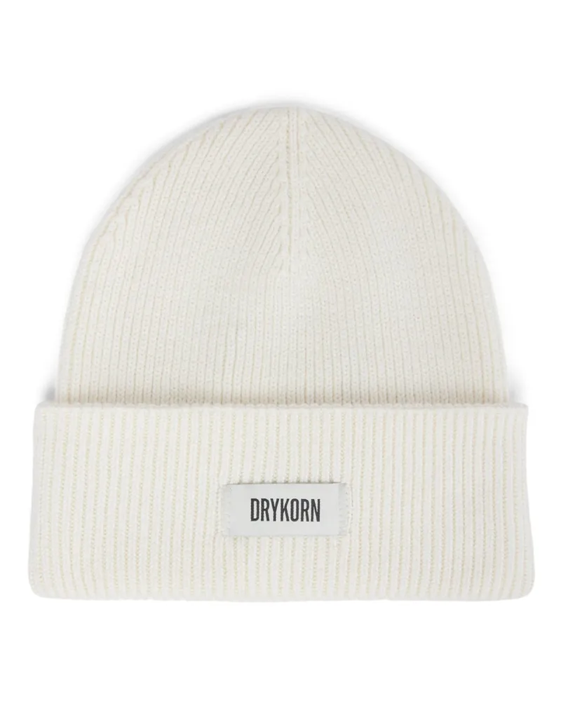 Drykorn Strickmütze aus einem Baumwoll-Mix mit Label-Aufnäher in Beige