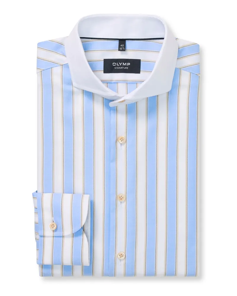 Olymp Signature, Tailored Fit, Hemd mit Blockstreifen und Kontrastkragen in Hellblau