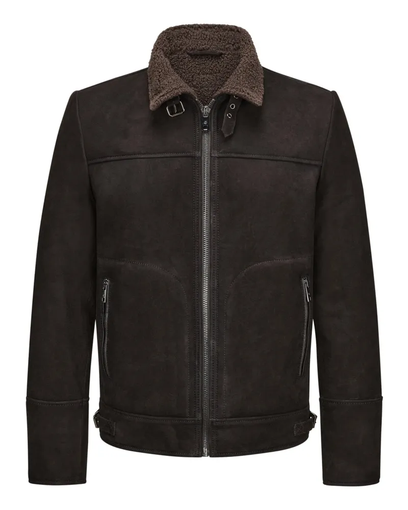 Milestone Mit Teddyfell gefütterte Biker-Velourslederjacke Camino in Dunkelbraun