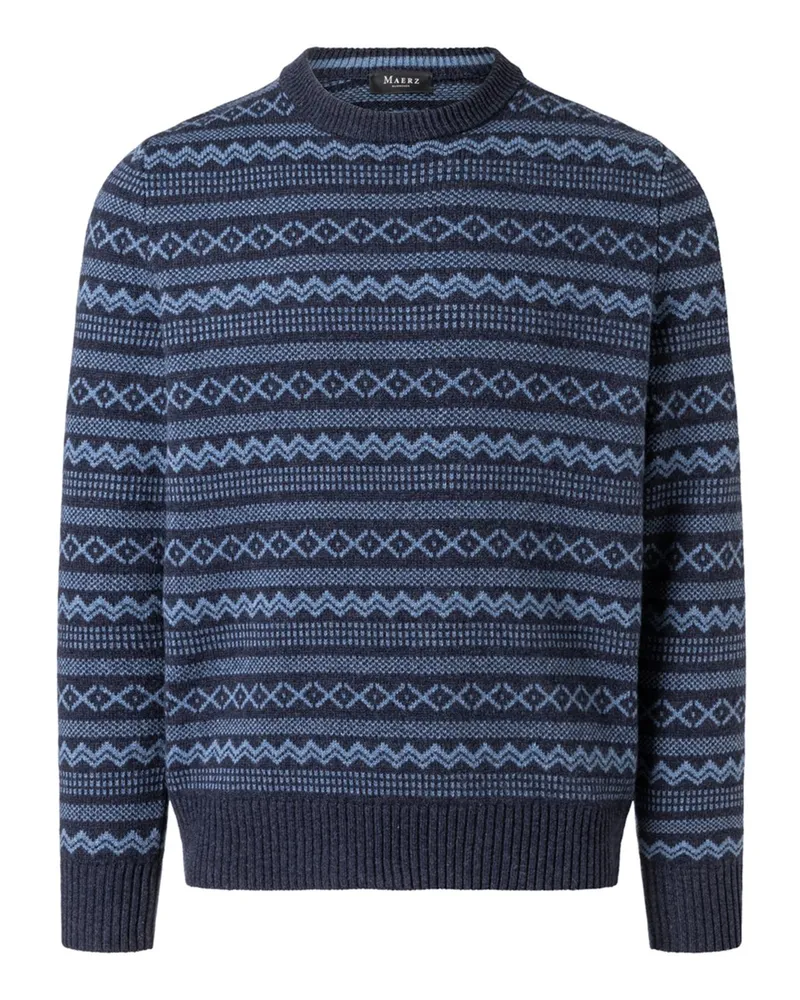 Maerz Softer Rundhalspullover aus Schurwoelle mit Norwegermotiv in Blau