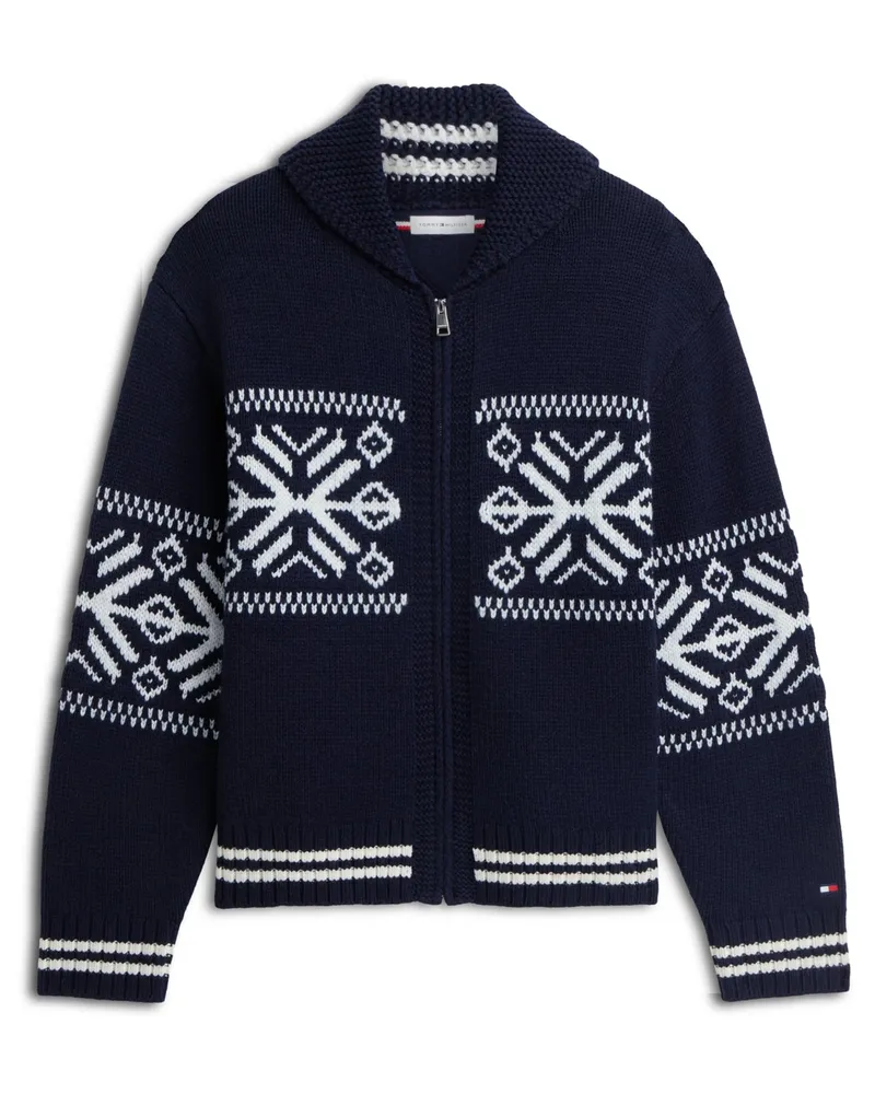Tommy Hilfiger Strickjacke aus Lammwolle mit Schalkragen und Norweger-Muster in Marine