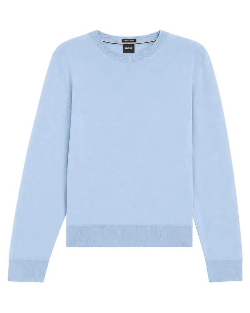 HUGO BOSS Glattstrick-Rundhalspullover aus Merinowolle in Hellblau