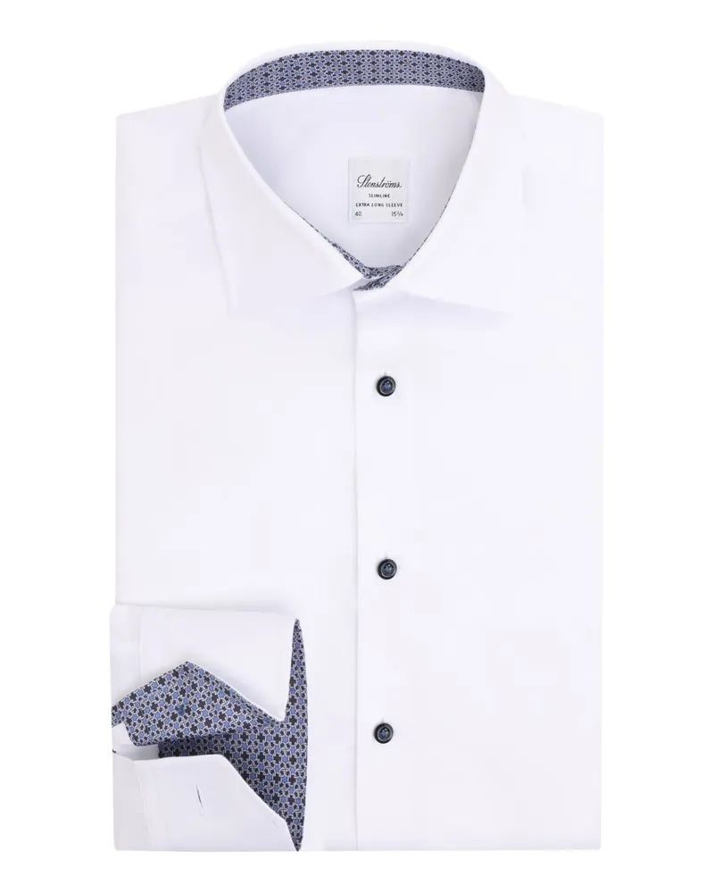 Stenströms Unifarbenes Hemd aus Twofold Super Cotton mit Ausputz und extralangem Arm, Slimeline in Weiß