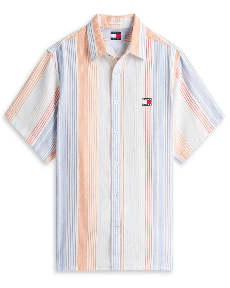Tommy Hilfiger Kurzarm-Strickhemd aus Baumwolle mit Streifenmuster, Relaxed Fit in Orange