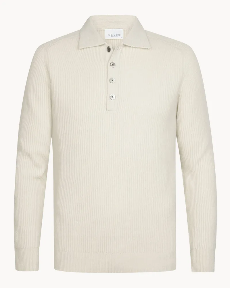 Profuomo Grobstrick Langarm Poloshirt mit Rippstruktur und Perlmuttknöpfen in Offwhite