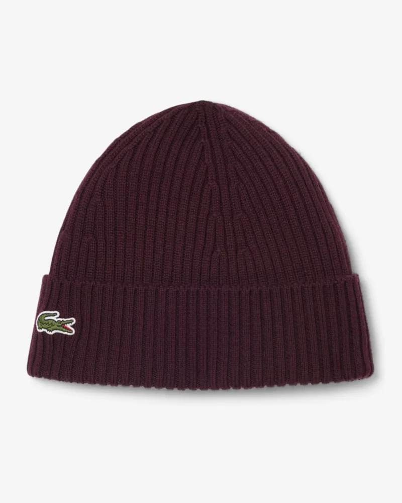 Lacoste Strickmütze aus Wolle mit Logo-Aufnäher in Bordeaux