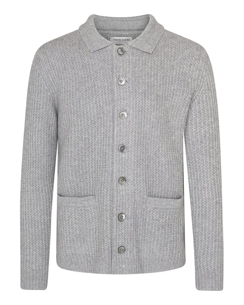 Tom Rusborg Strickjacke aus Kaschmir mit aufgesetzten Taschen und Umlegekragen in Silber