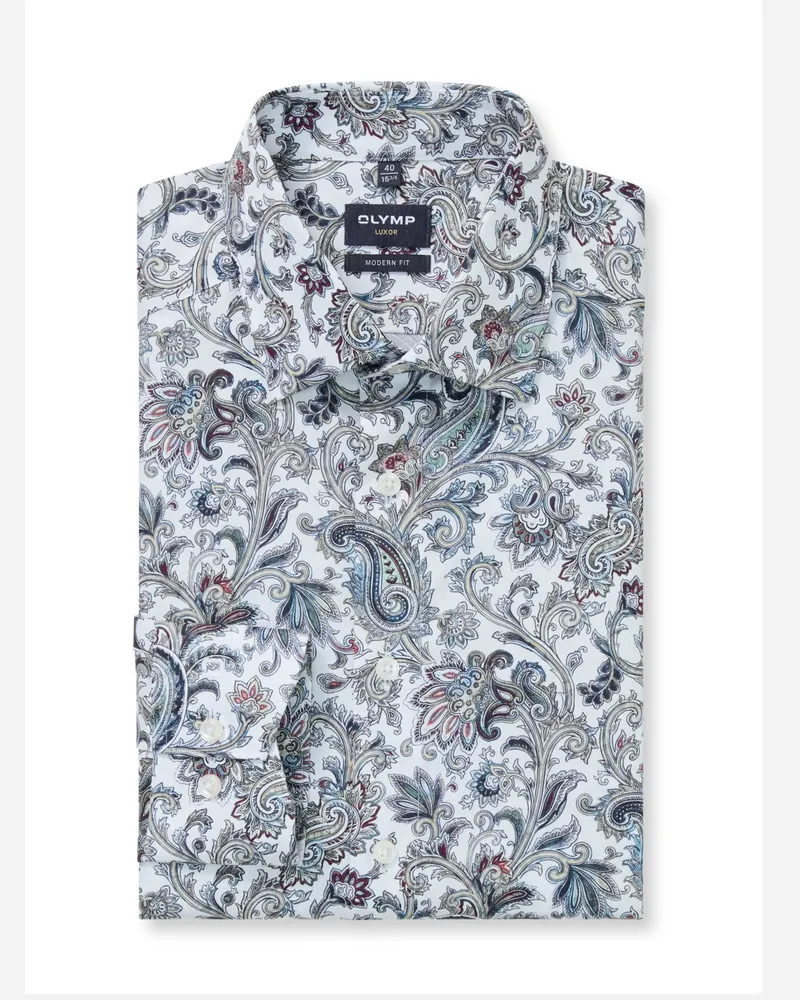Olymp Luxor, Modern Fit, Extralanges Baumwollhemd mit Paisley-Print in Weiß