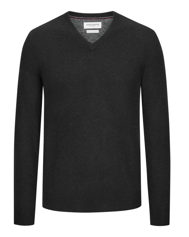 Tom Rusborg Leichterr Pullover aus Merinowolle und Kaschmir mit V-Ausschnitt in Schwarz