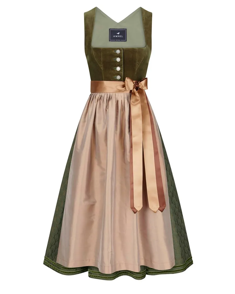 Amsel Dirndl Olivia mit Samtakzenten und Seidenschürze in Oliv