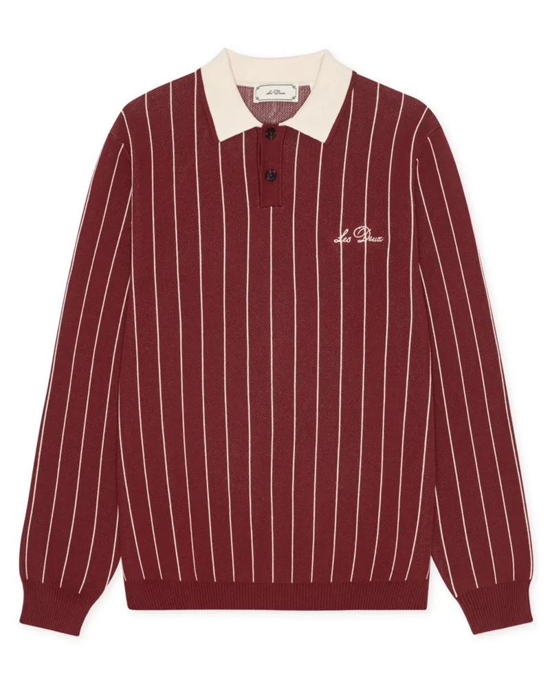 LES DEUX Strick-Rugbyshirt mit Streifen und Label-Stickerei in Bordeaux