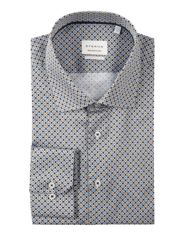 Eterna Bügelfreies Baumwollhemd mit Print, Modern Fit in Blau