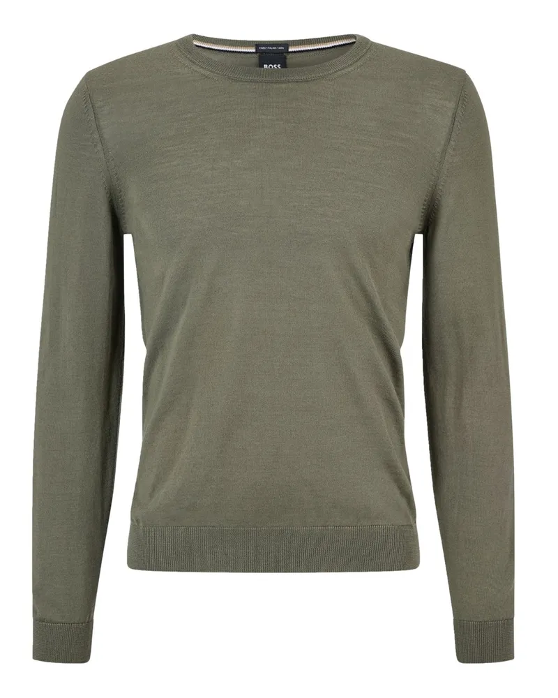 HUGO BOSS Rundhals-Pullover aus leichtem Schurwollstrick in Oliv