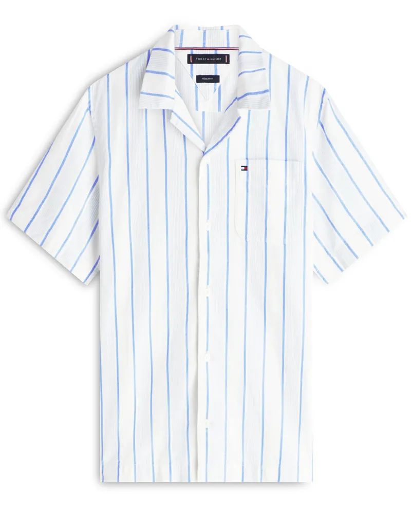 Tommy Hilfiger Baumwoll-Kurzarmhemd mit Streifen und Netzstruktur, Regular Fit in Weiß