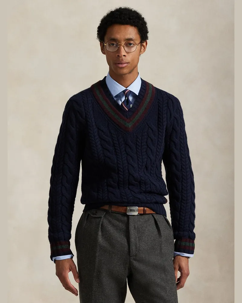 Ralph Lauren Pullover aus Wolle mit Zopfstrick-Muster und Logo-Aufnäher in Marine