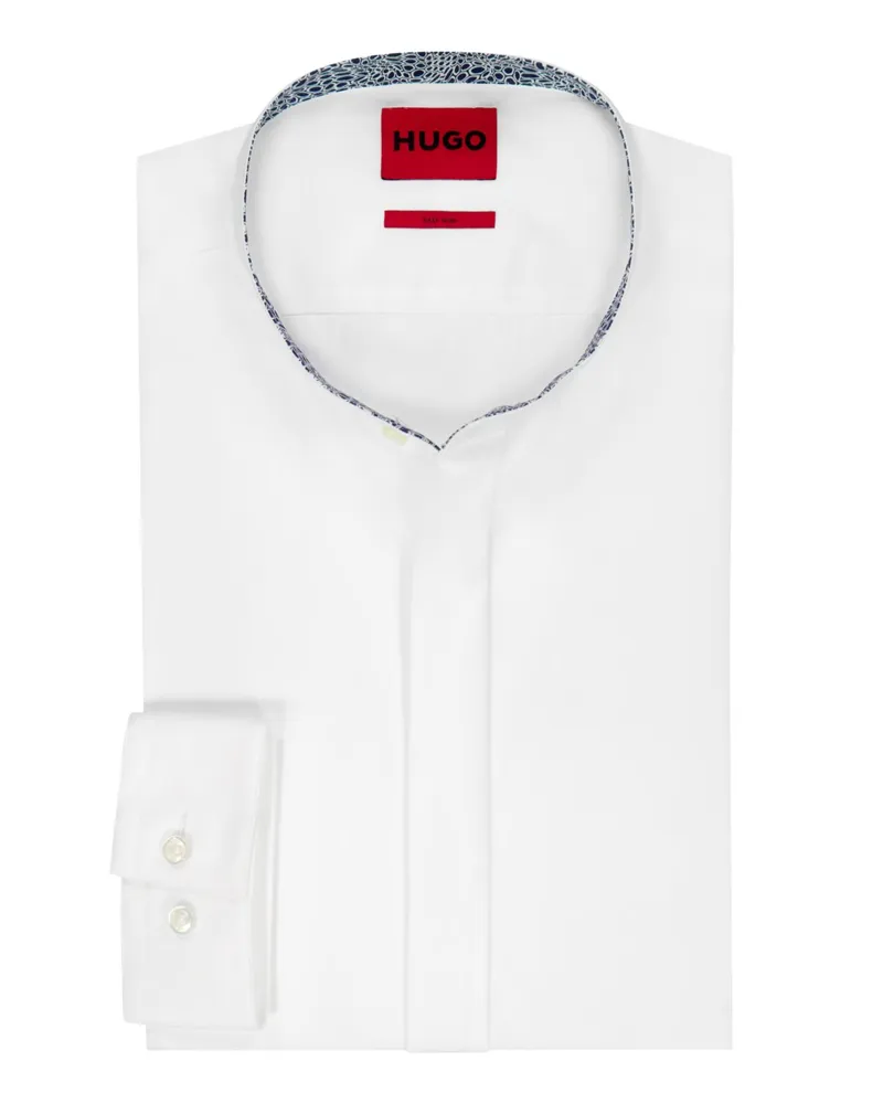 HUGO BOSS Hemd mit Stehkragen und gemustertem Ausputz, Slim Fit Weiß