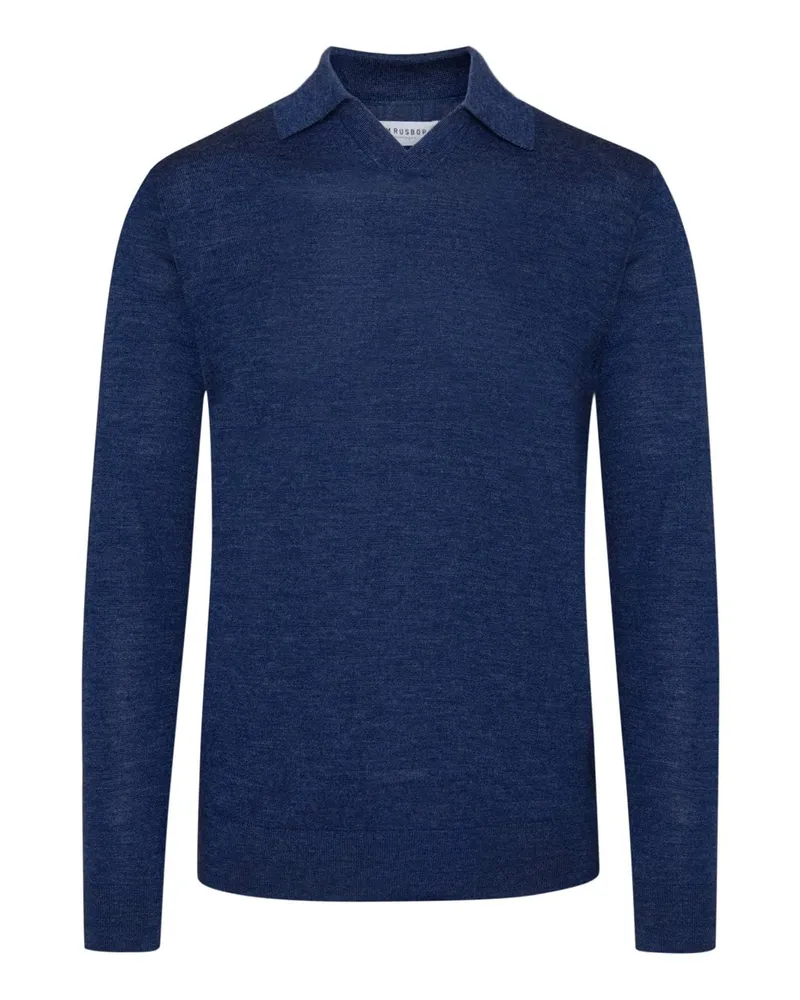 Tom Rusborg Glattstrick-Langarmpoloshirt aus Merinowolle mit Variokragen in Mittelblau