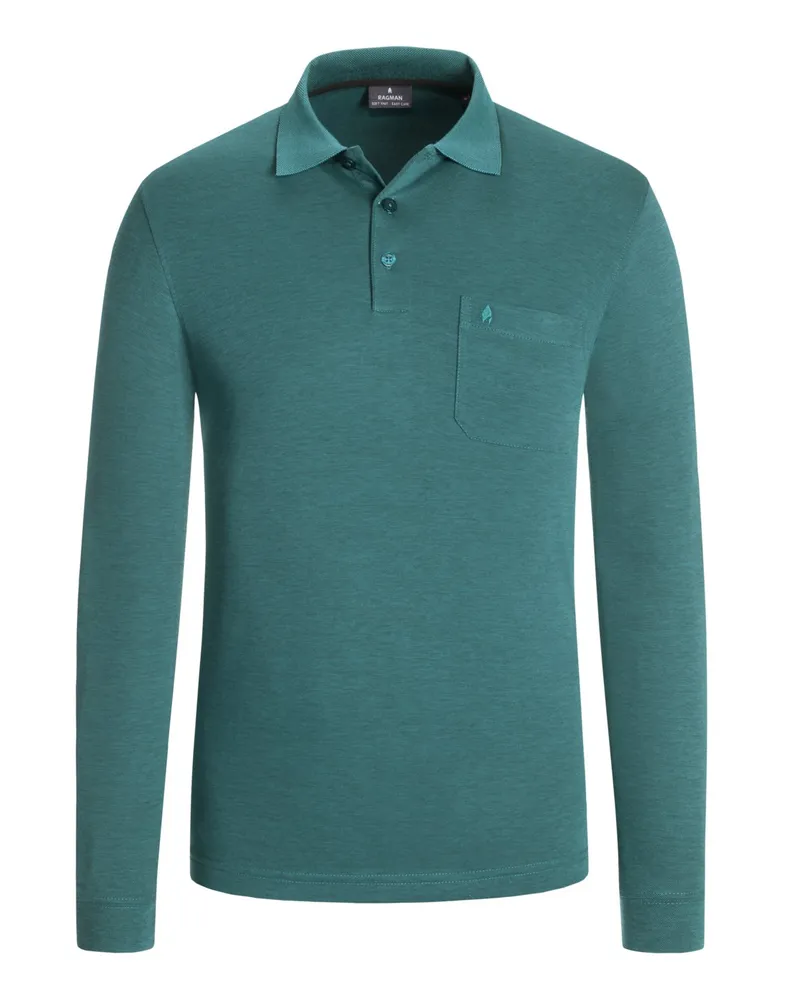 Ragman Soft Knit Langarm-Poloshirt mit Brusttasche und Logo-Stickerei in Grün