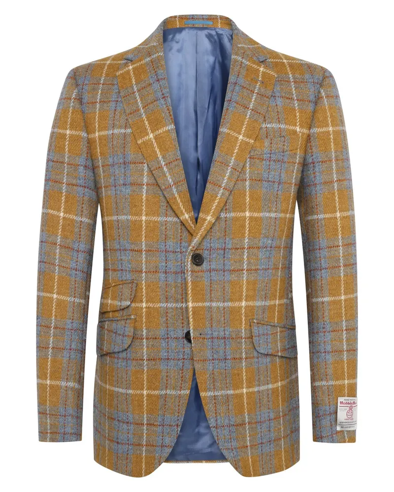 Wellington of Bilmore Sakko London aus Harris Tweed mit Ellenbogenpatches und Billettasche in Gelb
