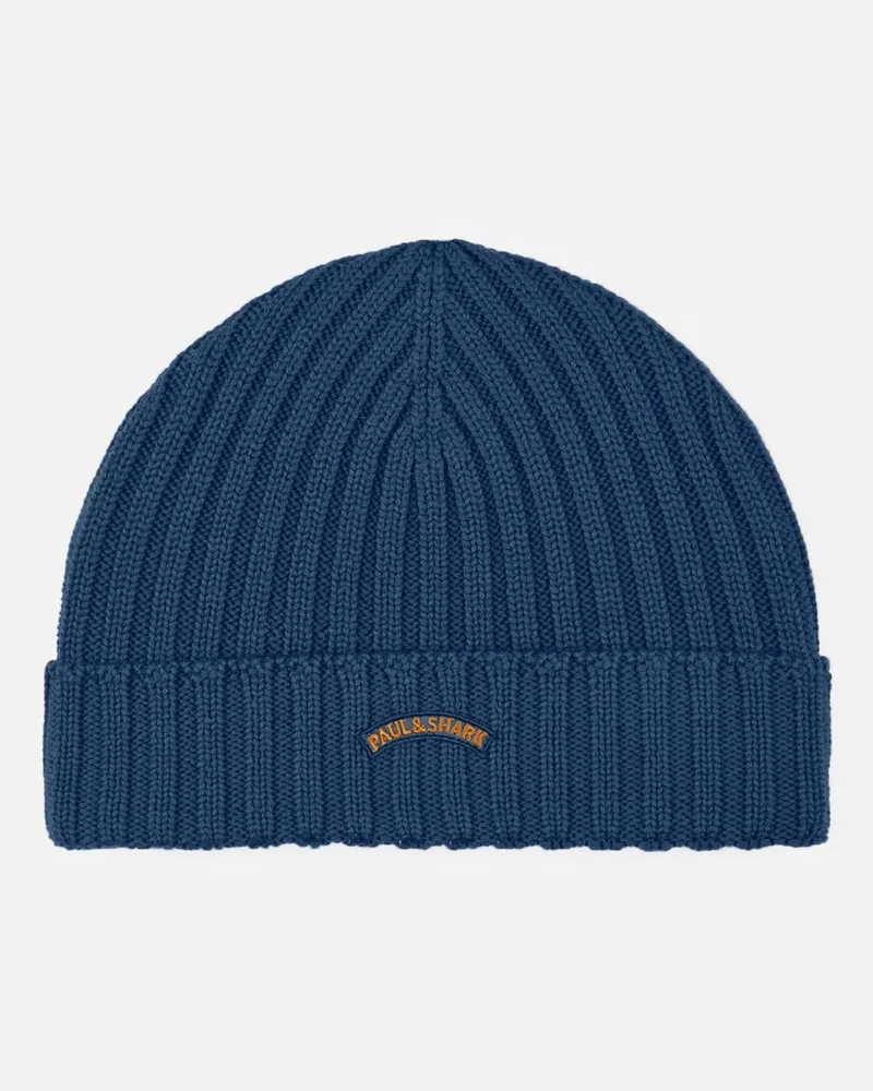 Paul & Shark Strickmütze aus Schurwolle mit Label-Aufnäher in Blau