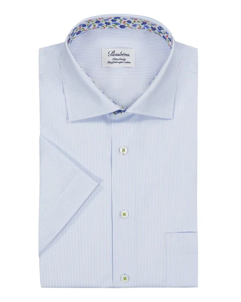 Stenströms Kurzarmhemd mit Streifen und floralem Ausputz, Fitted Body Hellblau