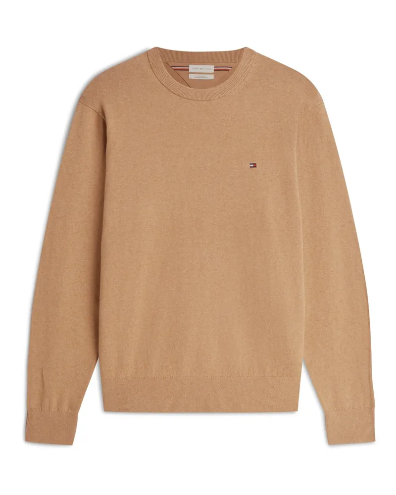 Tommy Hilfiger Softer Rundhalspullover mit Kaschmiranteil und kleiner Flag-Stickerei in Beige