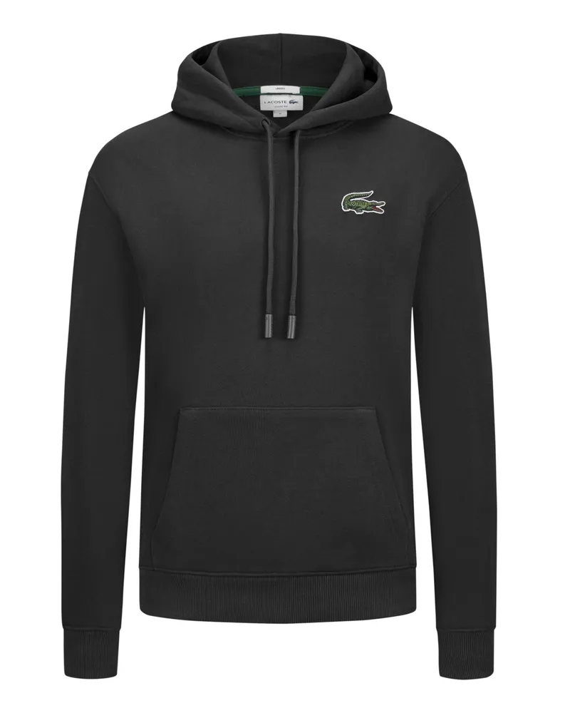 Lacoste Unifarbener Hoodie mit Krokodil-Aufnäher, Loose Fit Schwarz