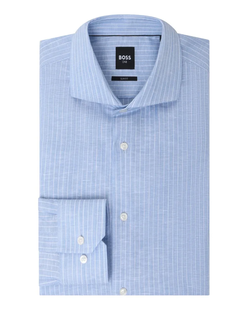 HUGO BOSS Hemd mit Streifen aus einem Baumwolle-Leinen-Mix, Slim in Hellblau