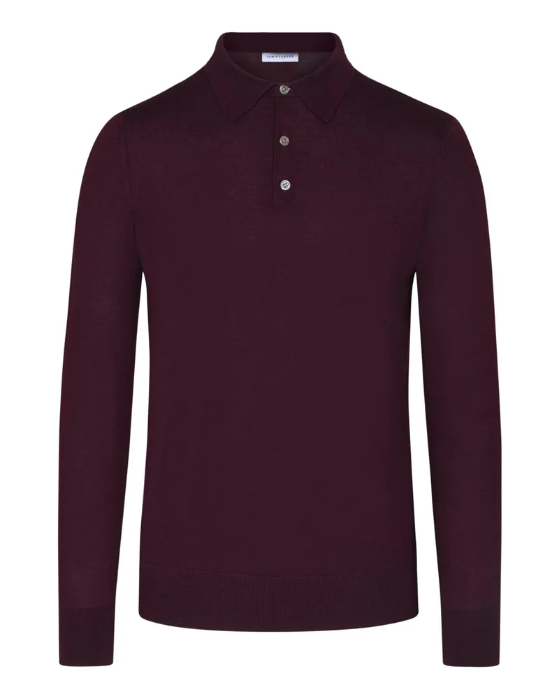 Tom Rusborg Glattstrick-Langarmpoloshirt aus extrafeiner Merinowolle in Bordeaux