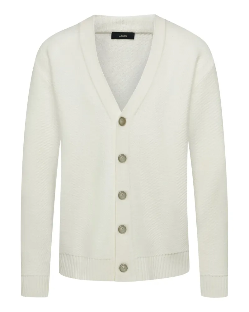 Herno Softer Cardigan aus Merinowolle mit Fischgrätwebmuster, Regular in Offwhite