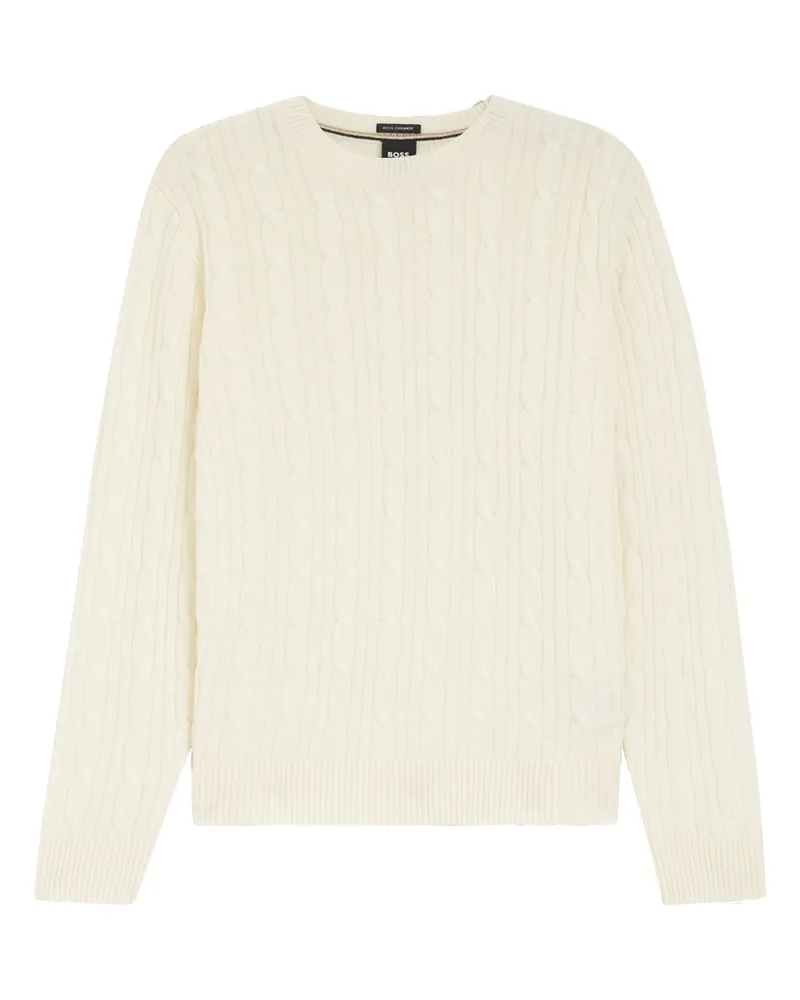 HUGO BOSS Strick-Pullover mit Zopfmuster und Kaschmiranteil in Offwhite