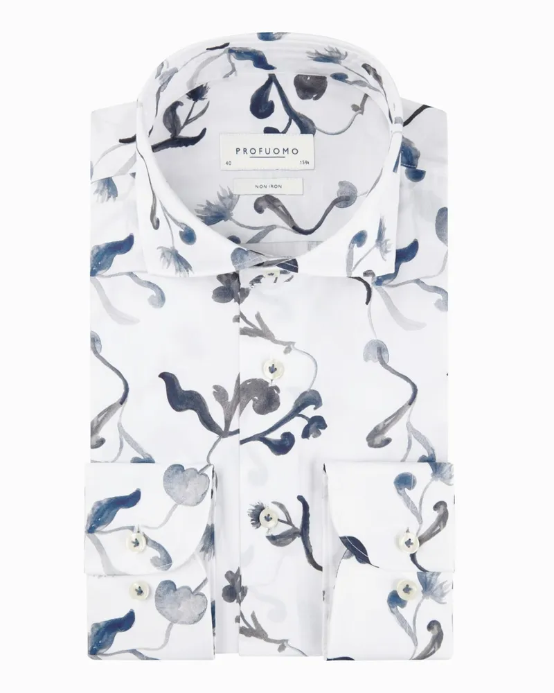 Profuomo Bügelfreies Baumwollhemd mit floralem Print, Slim Fit in Weiß